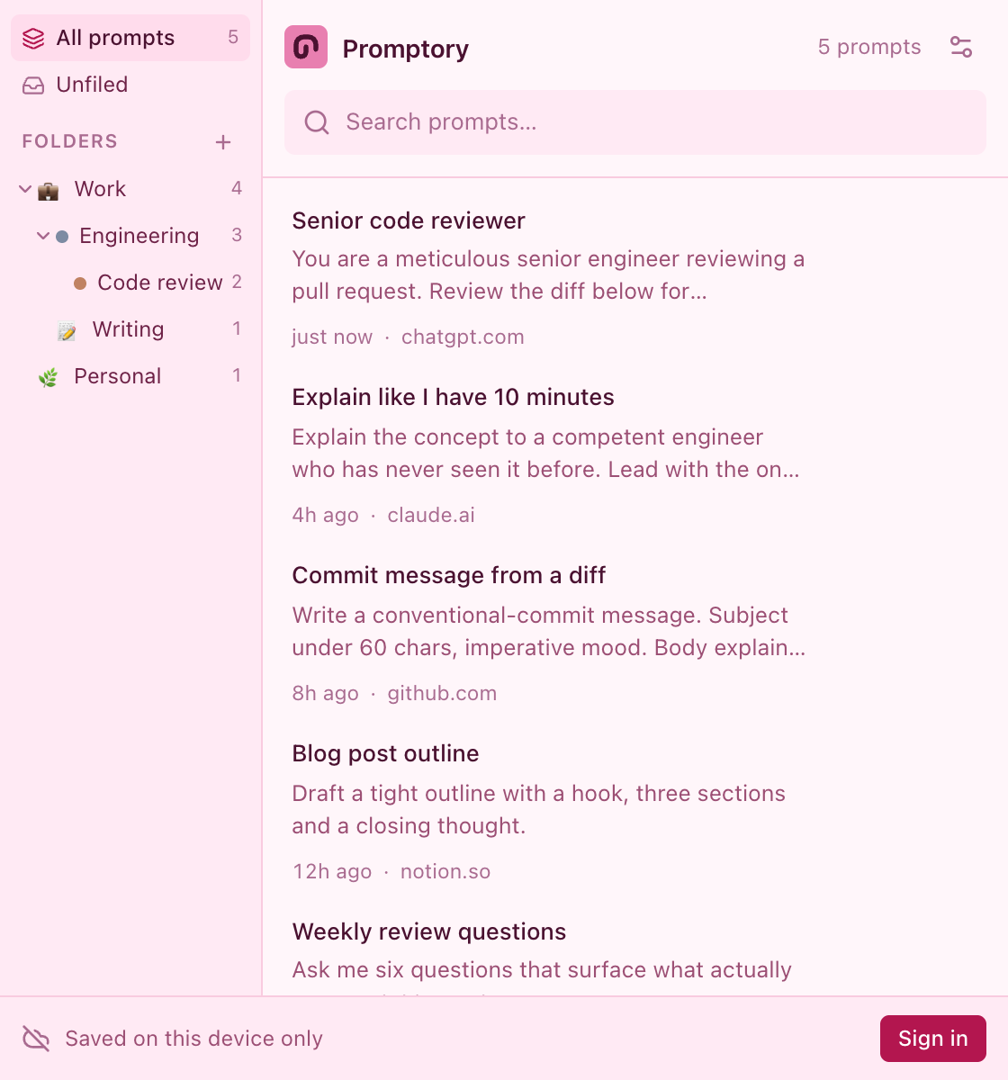 Promptory in the Princess theme