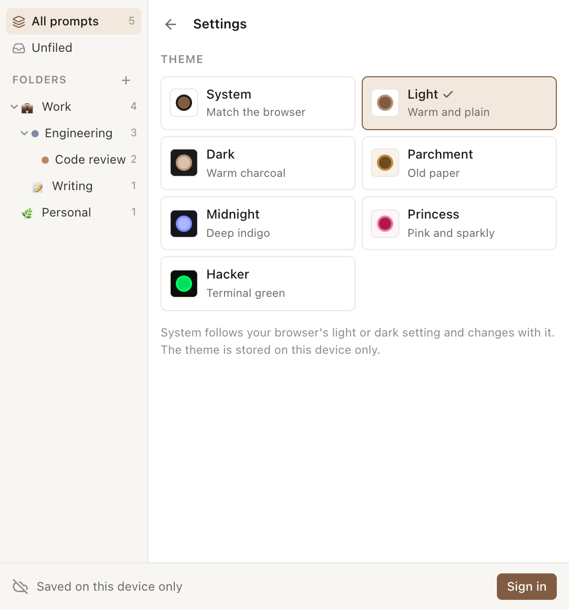 The settings panel showing the theme picker